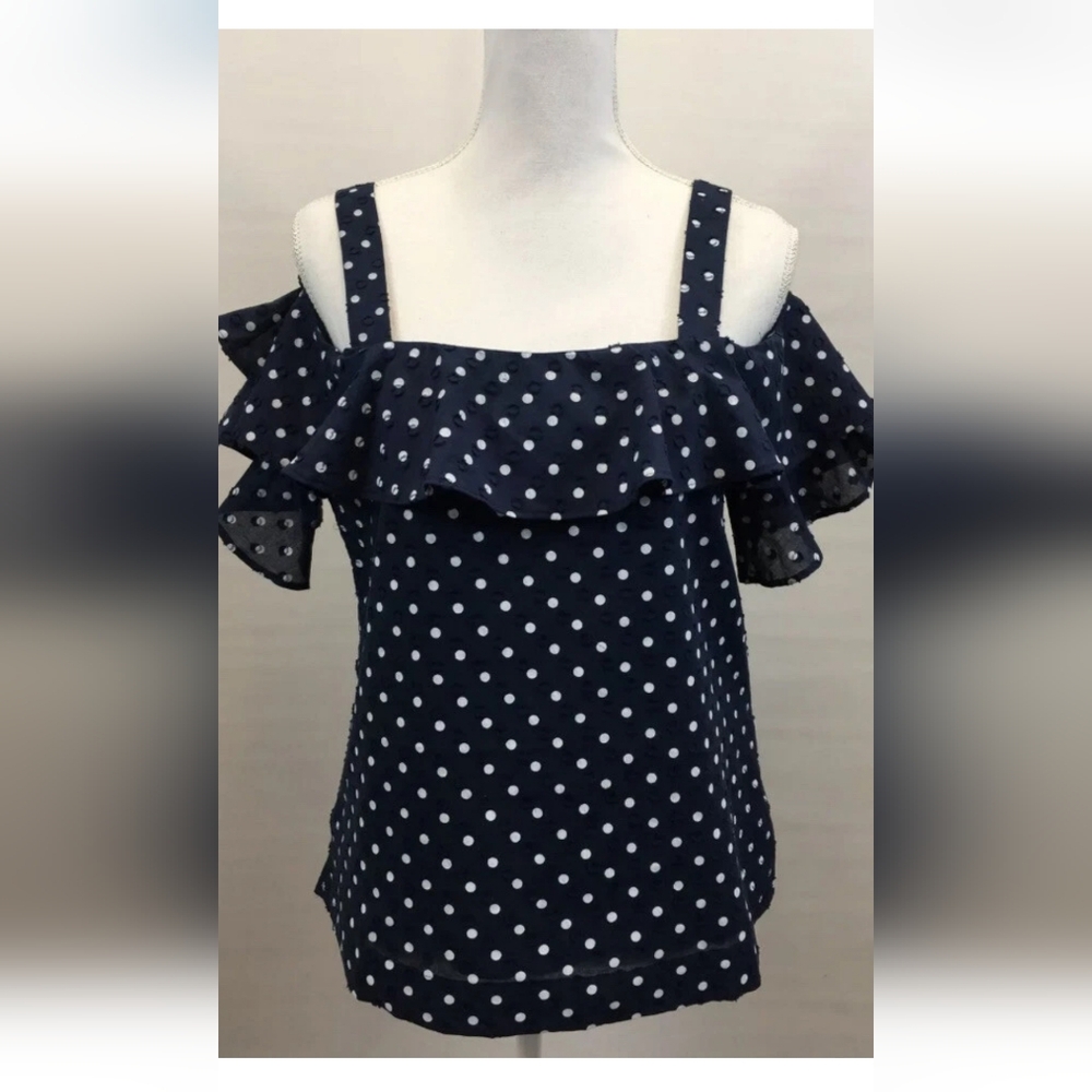 J. Crew Navy Ruffle Polka Dot Blouse